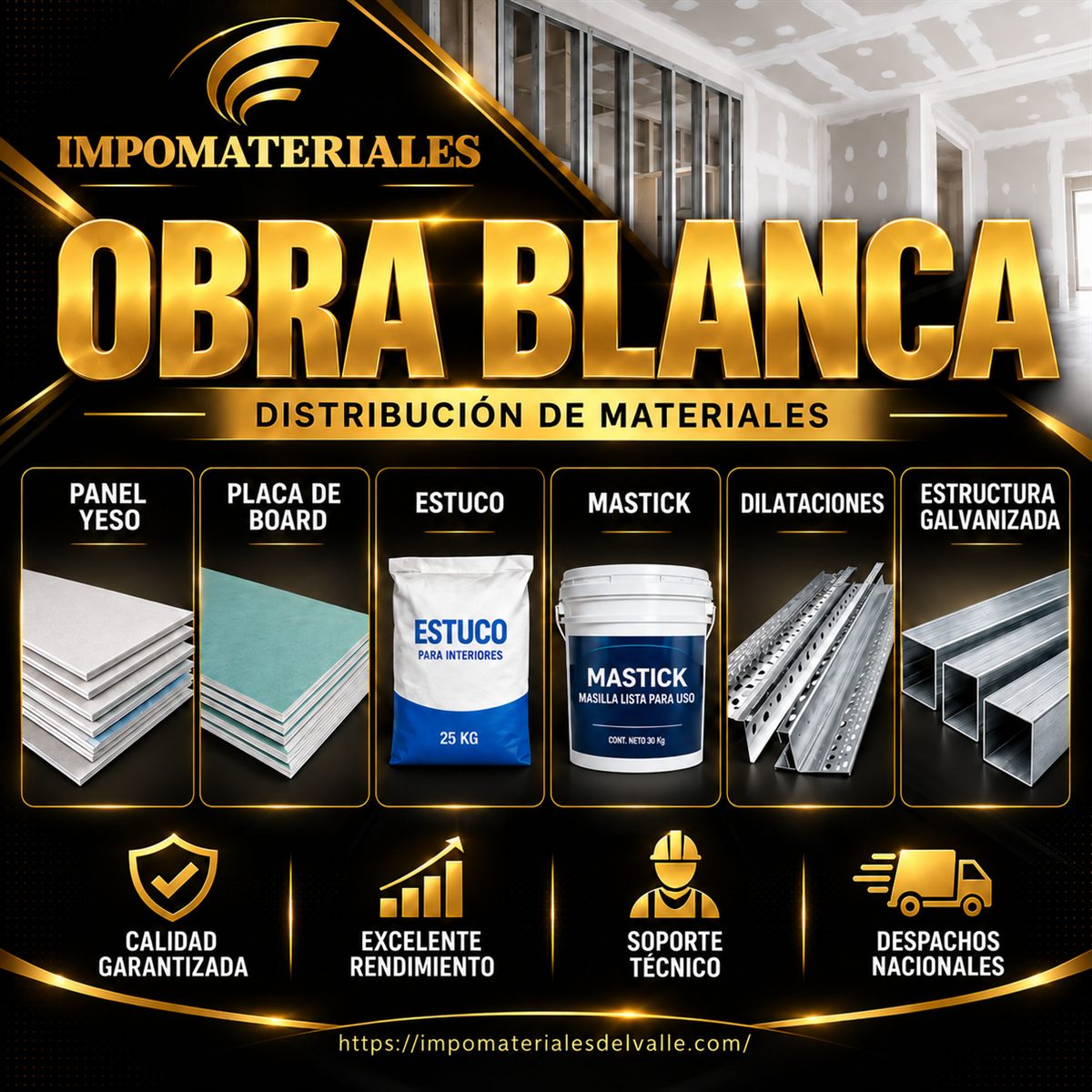 Panel de yeso, placa board, estructura galvanizada y materiales de obra blanca